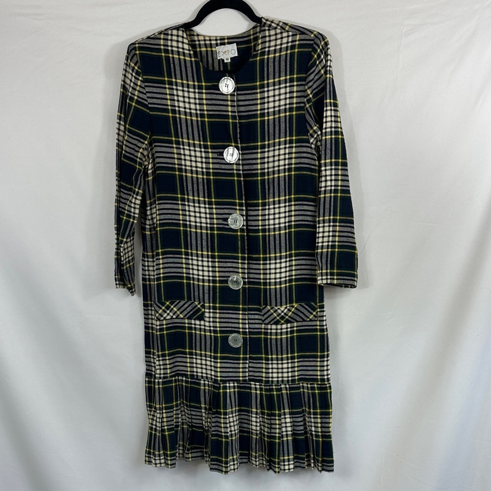 Vintage EXPO long-sleeve plaid dress with a ruffled hem and button-front